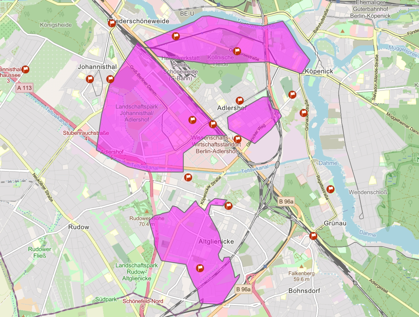 Eine Straßenkarte mit hervorgehobenen Flächen.