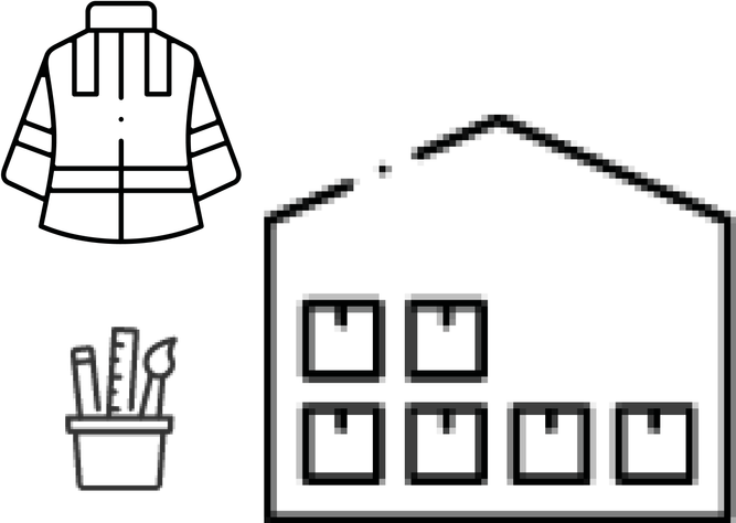 Black and white drawings of a jacket, a warehouse, and a cup holding writing utensils.