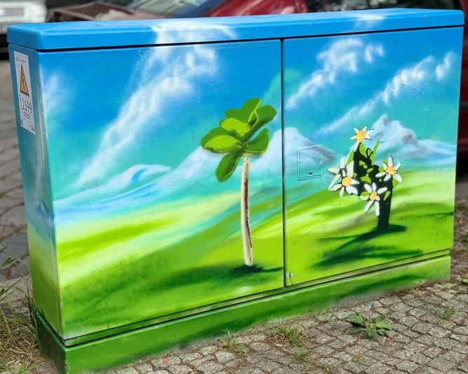 Mit einer Landschaftsszene bemalter Kabelverteiler, der einen Baum und einen Busch mit Blumen vor einem Hintergrund aus grünen Feldern und blauem Himmel zeigt.