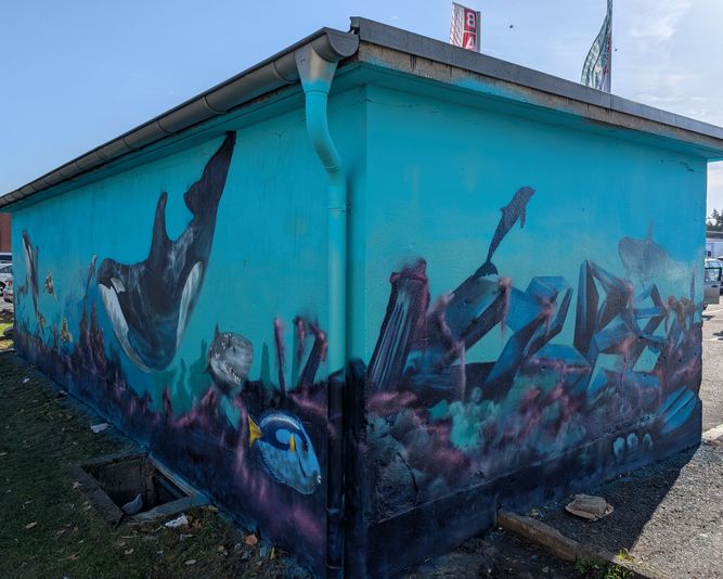 Ein lebendiges Wandgemälde, das Orcas und verschiedene Meerestiere zeigt, die vor einem blauen Hintergrund an einer Straßenwand schwimmen.