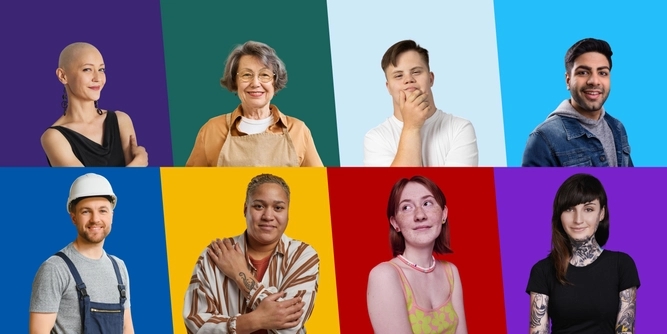 Campaign motif to promote the Citizens' Council. 8 people with different colour backgrounds smile into the chamber.