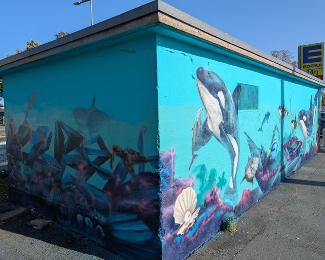 Ein lebendiges Wandgemälde, das Orcas und verschiedene Meerestiere zeigt, die vor einem blauen Hintergrund an einer Straßenwand schwimmen.