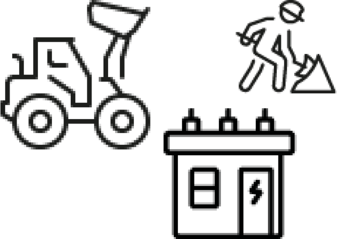 Black and white icons: a bulldozer, a construction worker with a shovel, and a building with an electrical symbol on the door.