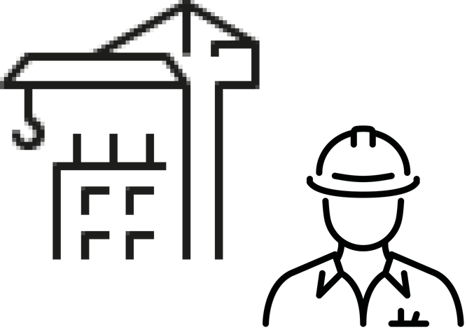 Icon of a crane constructing a building next to an icon of a person wearing a hard hat and work shirt.